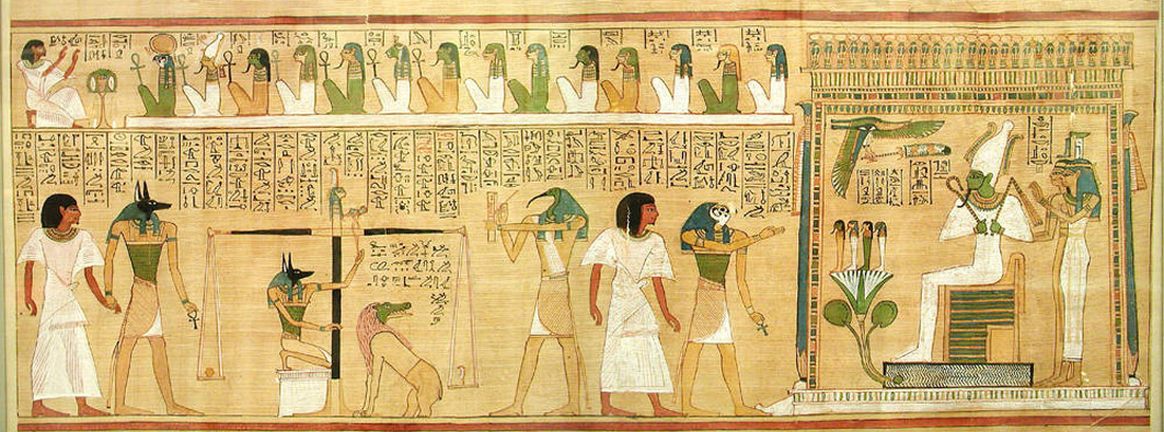 Scène issue du papyrus d'Hounefer montrant la pesée du cœur lors du jugement de l'âme.